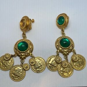 Vintage Large Gold Tone Clip on Earrings with green crystals- sold as is